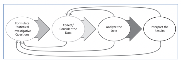 Statistical and Data Science Investigation process includes 1. Formulate statistical investigative questions; 2. Collect/consider the data; 3. Analyze the data; 4. Interpret the results. At any point in the process, the investigation may have to go back to step 1. During analysis or interpretation, you may have to go back to collect/consider the Data. 