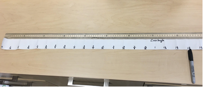 Adding machine tape with measurements marked in quarters of a unit