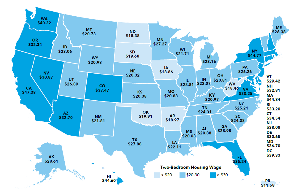 Map indicating hourly wages for a full-time worker to afford a fair market two-bedroom rental home in each state. The long description is below the image.